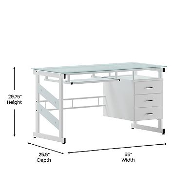 Emma and Oliver White Computer Desk with Frosted Glass Top and Three Drawer Pedestal