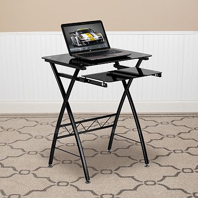Emma and Oliver Tempered Glass Computer Desk with Pull-Out Keyboard Tray