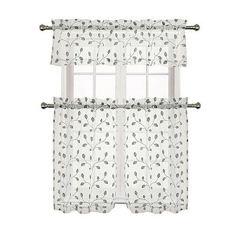 GoodGram Adler Metallic Embroidered Leaves 3 pc Sheer Kitchen Curtain Set