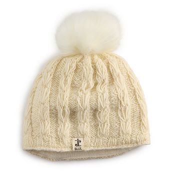SIJJL V-Cable Knit Pattern Wool Beanie With Pompom