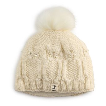 SIJJL Perl Owl Cable Knit Wool Beanie With Ivory Pompom