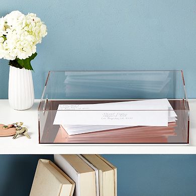Rose Gold Acrylic Letter Tray, Office Desk Organizer for Documents, 10.5x12x3 In