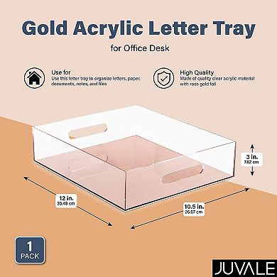 Rose Gold Acrylic Letter Tray, Office Desk Organizer for Documents, 10.5x12x3 In