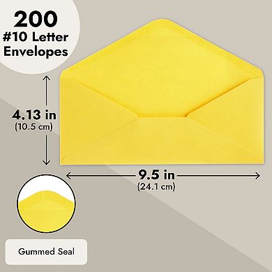 200 Pack Bulk #10 Yellow Envelopes, Gummed Seal for Invitations, 9.4x4.1 In