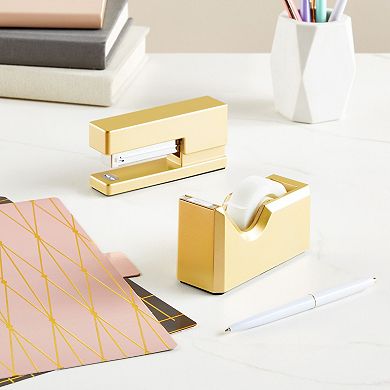 2 Piece Matte Gold Stapler and Tape Dispenser Set for Home Office Decor, Classroom Supplies, Desk Accessories for Dorm Room, Students, Teachers, Office Organization