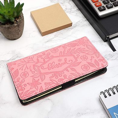 Floral Checkbook Cover for Women Card Holder Wallet for Checks & Credit Cards, RFID Blocking (Pink)