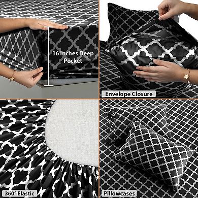 Lux Decor Collection 4 Piece Sheet Set Quatrefoil Printed Luxury Soft Microfiber Deep Pocket Sheets