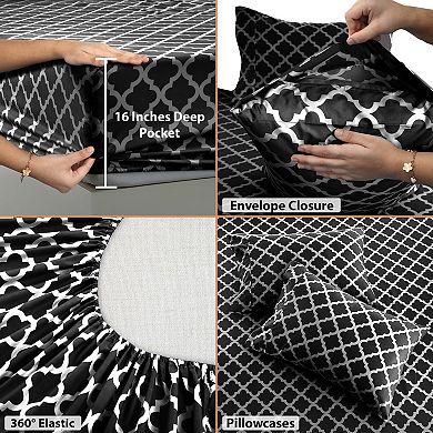 Lux Decor Collection 4 Piece Sheet Set Quatrefoil Printed Luxury Soft Microfiber Deep Pocket Sheets