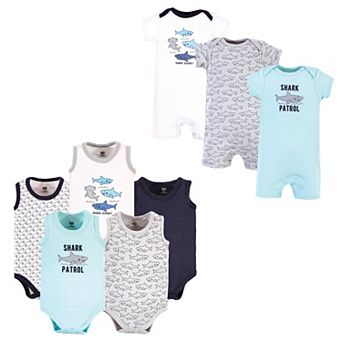 Hudson Baby Infant Boy Cotton Bodysuits and Rompers, 8 pc Shark Patrol