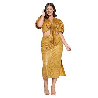 Cheetah Foil Wrap Top and Midi Skirt Set