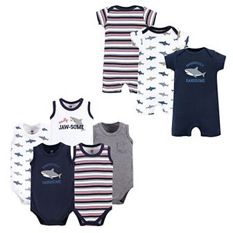 Hudson Baby Infant Boy Cotton Bodysuits and Rompers, 8 pc Shark, 0-3 Months