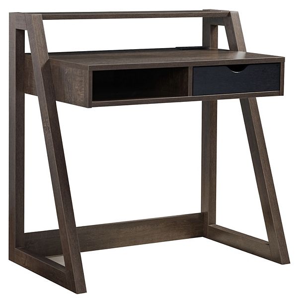 FC Design Walnut Oak & Black Home Office Desk with Lifted Shelf and USB