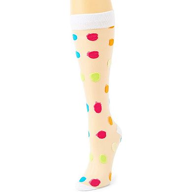 Sheer Knee High Socks for Women, Rainbow Polka Dot Stockings (One Size, 2 Pairs)
