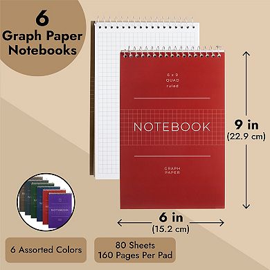 6 Pack Spiral Bound Graph Paper Notebooks for College Writing, Sketching, 6x9 In
