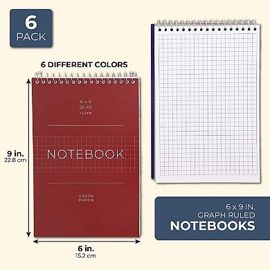 6 Pack Quad Ruled Spiral Bound Notebook with 80 Graph Paper Sheets, 6 Assorted Color Steno Pads, (6 x 9 In)