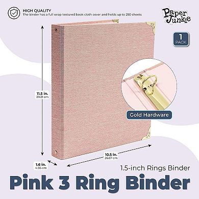Light Pink 3 Ring Binder with 1.5 Inch Rings, Decorative Linen File Folder with Gold Hardware for Office Supplies, Planner, Portfolio, 250 Sheet Capacity (11.5 x 10.5 In)