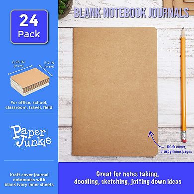 24 Pack A5 Kraft Paper Notebook Bulk, Blank Journals for Craft, Sketchbook, Kids, Travelers, Writing, 60 Pages, 30 Sheets (5.5 x 8.3 In)