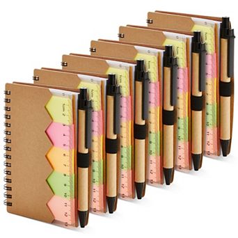 6 Pack Kraft Paper Spiral Notepad With Pen And Sticky Notes, Lined, Colored Tabs