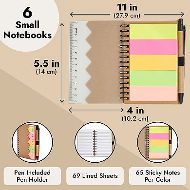 6 Pack Kraft Paper Spiral Notepad With Pen And Sticky Notes, Lined, Colored Tabs