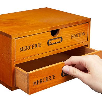 Small Wooden Storage Box with Drawers for Tabletop, Home Desk Organizer in Vintage French Design for Office Supplies (9.75 x 7 x 5 In)