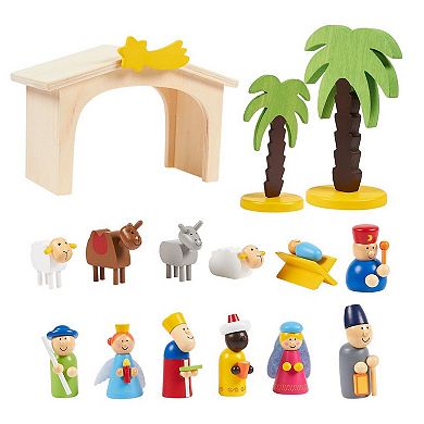 Blue Panda 15-Piece Kids Nativity Set, Wooden Christmas Nativity Scene and Playset Figures for Kids and Children Aged 3 and Older