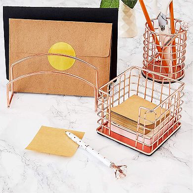 Metal Wire Desk Organizer (Rose Gold, 3 Piece Set)