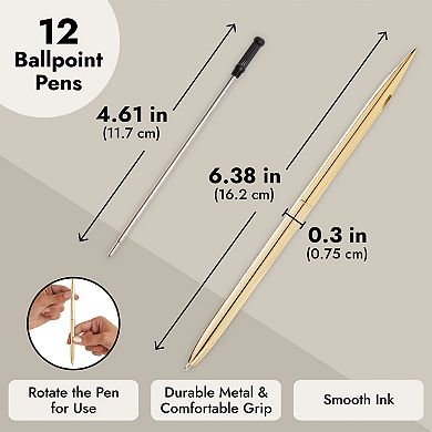 12 Pack Gold Ballpoint Pen Set, Black Ink Pens for School and Office, 6.4 In