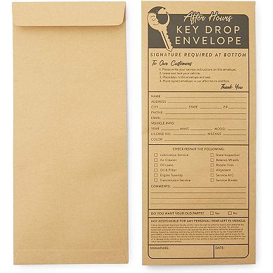 Key Drop Envelopes for After Hours Box, Car Mechanics (4.12 x 9.5 In, 200 Pack)