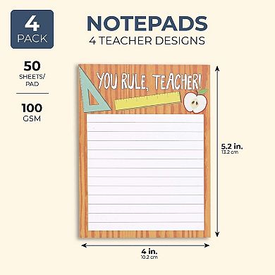 4-Pack Lined Notepads for Teacher Appreciation Gifts, School, 4 Designs, 4x5 in