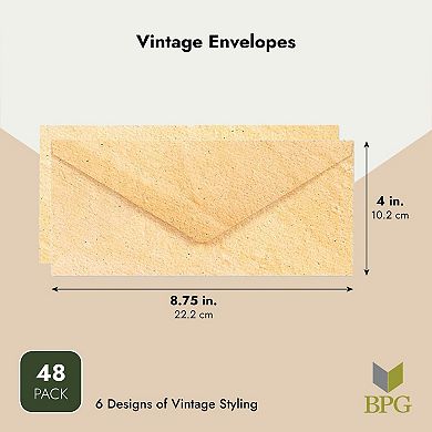 48 Pack Vintage Envelopes for Letters with 6 Decorative Old-Fashioned Styles, Home Stationary Supplies (8.7 x 4 In)
