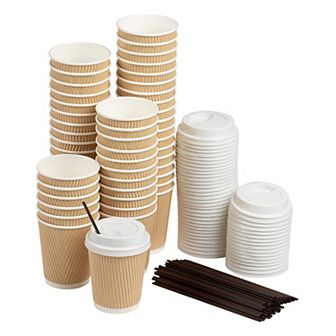 Disposable Kraft Paper Insulated Coffee Cups with Lids and Stirring Straws (8 oz, 50 Pack)
