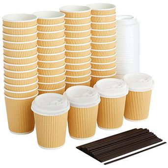 Disposable Kraft Paper Insulated Coffee Cups with Lids and Stirring Straws (8 oz, 50 Pack)
