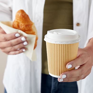 Disposable Kraft Paper Insulated Coffee Cups with Lids and Stirring Straws (8 oz, 50 Pack)