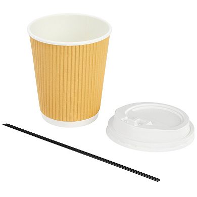 Disposable Kraft Paper Insulated Coffee Cups with Lids and Stirring Straws (8 oz, 50 Pack)