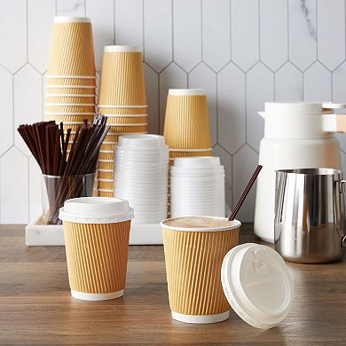 Disposable Kraft Paper Insulated Coffee Cups with Lids and Stirring Straws (8 oz, 50 Pack)