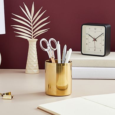 Gold Pencil And Pen Organizer Cup, Metallic Holder For Desktop, Office 