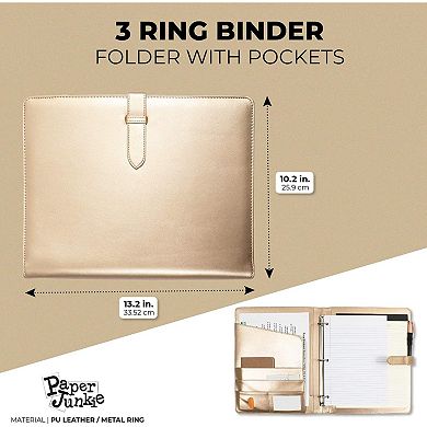 Padfolio Folder with 3 Ring Binder (Metallic Gold, Faux Leather, 10.8 x 13.2 Inches)