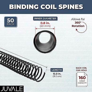 50x Black Spiral Binding Coils, Plastic Spines, 160 Sheets, 20mm, 12", 4:1 Pitch
