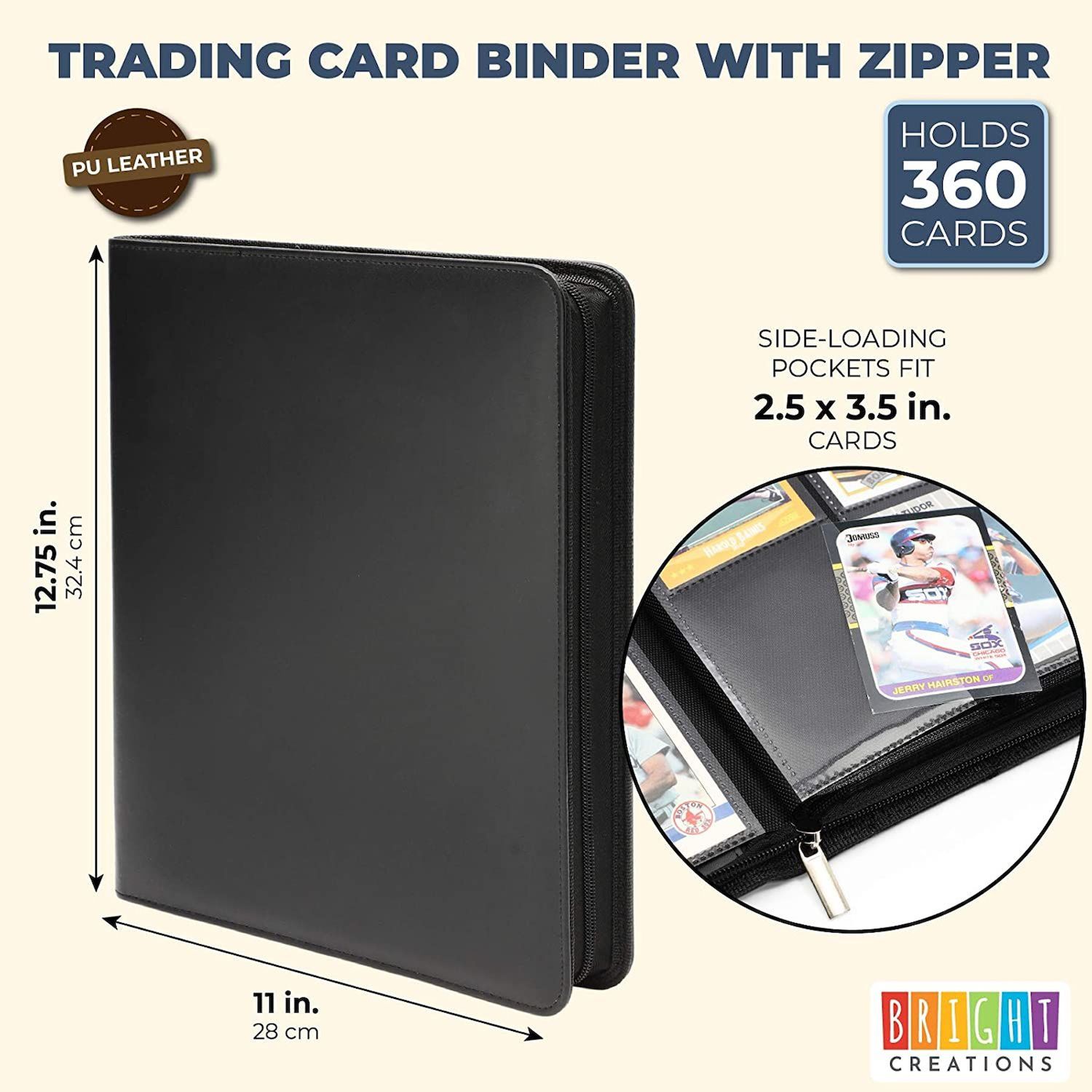 360 Card Pocket Binder With Zipper 9 Pocket Trading Cards Album Folder,  Black