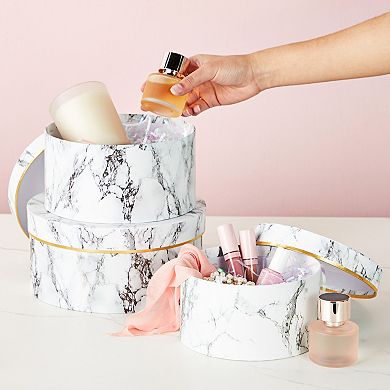 Round Gift Boxes with Lids, White Marble Cardboard Box Set, 3 Assorted Sizes