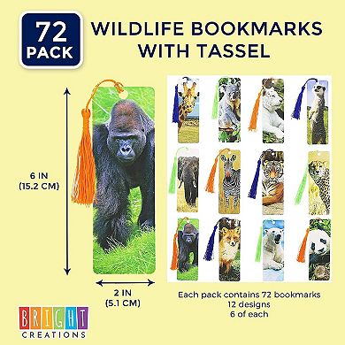 72 Pack Wildlife Animal Bookmarks with Tassels for Kids School Supplies, Book Fairs (6 x 2 In)