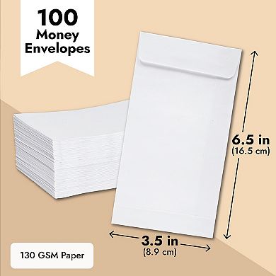 100 Pack White Money Envelopes for Cash, Coins, and Budgeting, 3.5 x 6.5 In