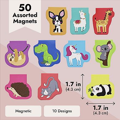 50-Pack Magnetic Bookmarks Clips for Kids, Bulk, 10 Animal Designs, 1.7x1.7 In
