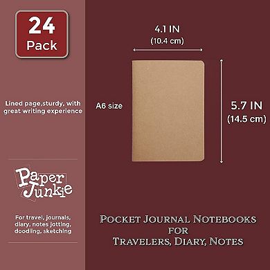 24 Pack A6 Kraft Paper Travel Journals, Bulk Mini Pocket Notebooks, 5.7x4.1"