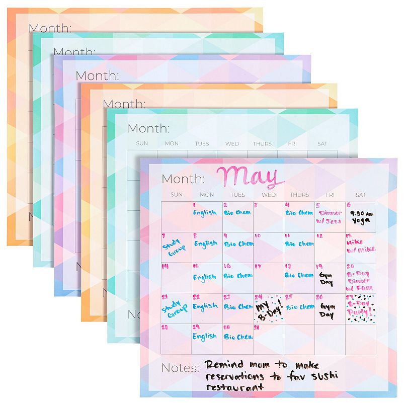 Three colorful patterned blank month calendars