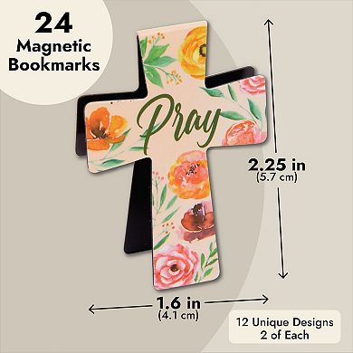 24 Pack Christian Magnetic Bookmarks, Floral Cross Bookmarks, Religious Magnet Book Page Markers (12 Designs)