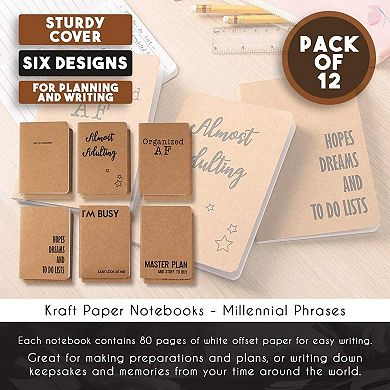 12-Pack Lined Kraft Notebook, 6 Different Designs, Brown, 4.1 x 5.8 Inch