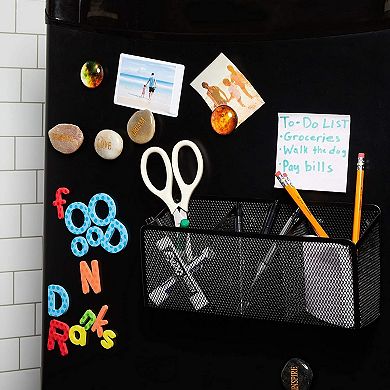 Magnetic Mesh Pen Holder Desk Organizer Basket with 3 Compartments 10.5" Black