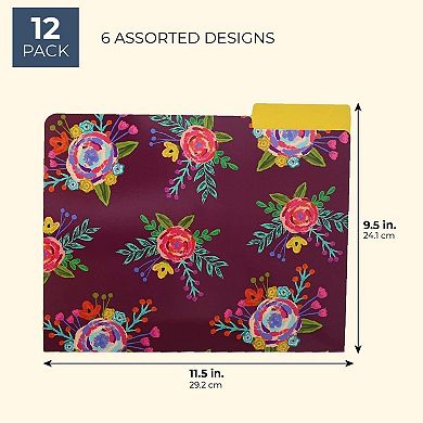 Decorative File Folders with 1/3 Cut Tabs, 6 Vintage Floral Designs (9.5 x 11.5 In, 12 Pack)