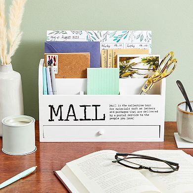 3-Tier Wooden Mail Desk Organizer Sorter with Storage Drawer Tray Table Holder